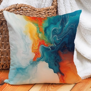 Vibrant Abstract Cotton Linen Throw Pillow Cover, Colorful Swirl Pattern Pillowcase, Cushion Cover Boho Decor - Teal, Orange, Yellow, Navy