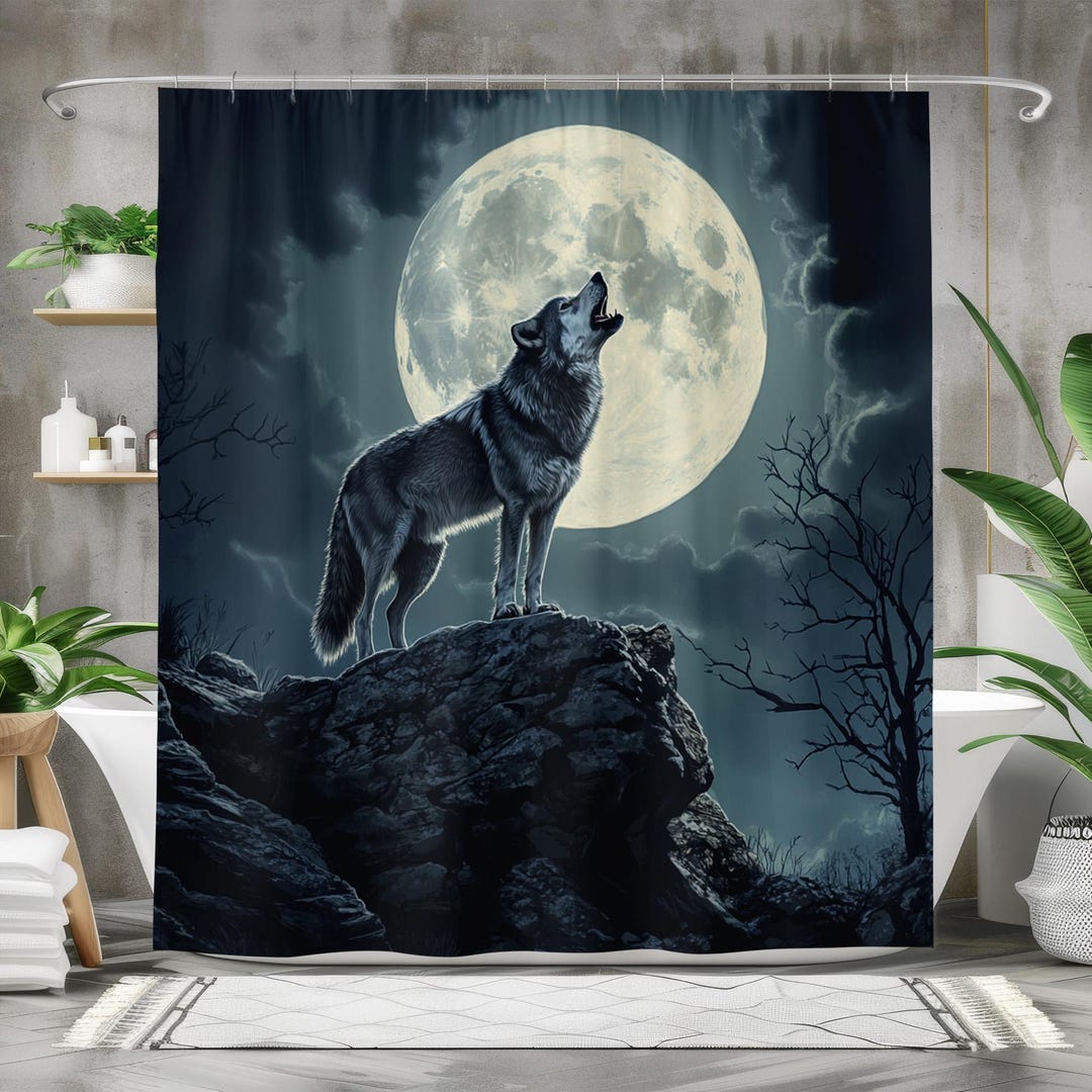 Wolf Howling at Moon Shower Curtain, Nature-inspired Bath Curtain ...