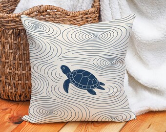 Sea Turtle Pillow Cover, Coastal Ocean Cushion, Navy Blue Wave Throw Pillow, Japanese Inspired Nautical Decor, Beach House Accent Gift