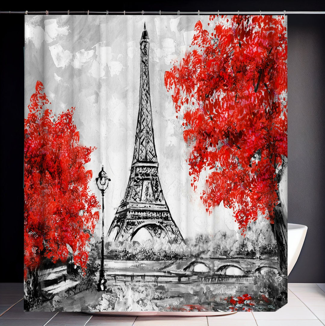 Paris Shower Curtain Eiffel Tower Bath Decor City Cityscape Art Waterproof Washable Polyester