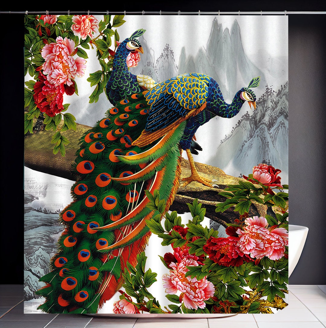 Peacock Shower Curtains Peacock Feather Flowers Bath Curtains Floral