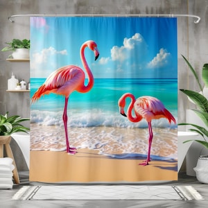 Flamingo Beach Shower Curtain, Pink Flamingos by Ocean Waves, Tropical Bathroom Decor, Coastal Summer Vibe, Bright Seaside Gift
