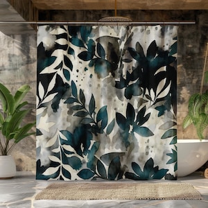 Dark Botanical Shower Curtain in Watercolor Leaf Silhouette Style, Moody Abstract Bathroom Decor, Black Teal Polyester Curtain, Multi Sizes