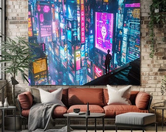 Cyberpunk Neon City Wall Hanging Tapestry, Futuristic Sci-Fi Tapestry for Living Room, Vibrant Cyber Cityscape Art, Gamer Room Decor