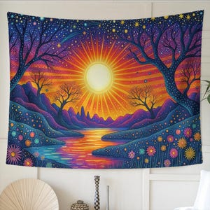 May include: A vibrant tapestry depicting a colorful sunset scene. The artwork features a large sun with radiating beams, a river, and stylized trees. The color palette includes shades of orange, purple, blue, and yellow, creating a whimsical landscape.