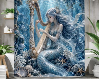 Mermaid Shower Curtain, Underwater Fantasy Art, Ocean Goddess with Harp, Blue Mermaid Bathroom Decor, Mystical Coastal Bath Curtain