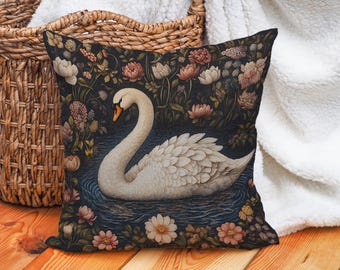 Swan Throw Pillow Cover, Elegant Cotton Linen Floral Waterfowl Decorative Pillowcase for Couch or Bedroom, Unique Cushion Cover