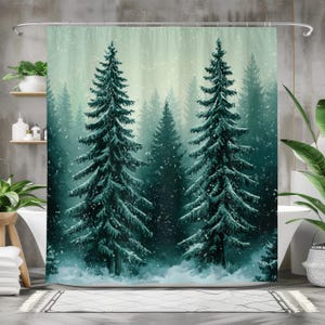 Rideau de douche forêt enneigée, rideau de bain en tissu imperméable, décoration de salle de bain hivernale inspirée de la nature, pin paisible, forêt
