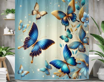 Cortina de ducha de mariposa azul, cortina de baño, tela impermeable, decoración del baño, diseño elegante, detalles dorados, decoración del hogar de la naturaleza