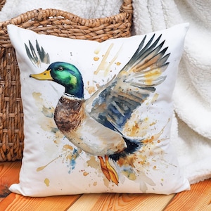 Mallard Duck Throw Pillow Cover - Watercolor Wildlife Design Cotton Linen Pillowcase - Decorative Cushion Cover - Green, Blue, Brown Tones