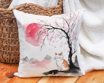 Japanische Katze Dekokissen | Sumi e Art Baumwolle Leinen Kissenbezug | Kirschblüten-Kissenbezug für Zen-inspirierte Wohnkultur
