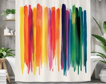 Bunter Aquarell-Streifen-Duschvorhang, Regenbogen-abstraktes Badezimmer-Dekor, mutiger lebendiger Kunst-Vorhang für modernes Badezimmer-Design, mehrfarbig