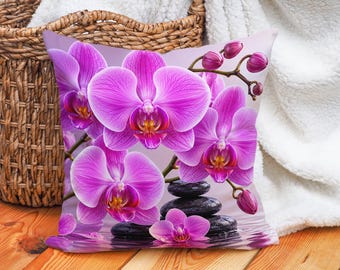 Rosa Orchidee Kissenbezug, Spa inspiriertes Blumendekor, eleganter botanischer Kissenbezug, Zen-Hausakzent, Geschenk für Orchideenliebhaber