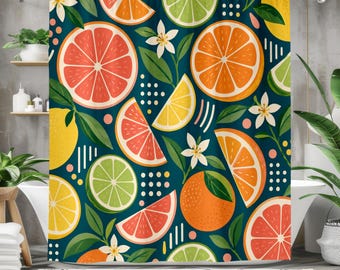 Citrus Shower Curtain, Orange Grapefruit Lemon Lime Pattern, Colorful Retro Bathroom Decor, Fruit Floral Bath Curtain, Summer Kitchen Style