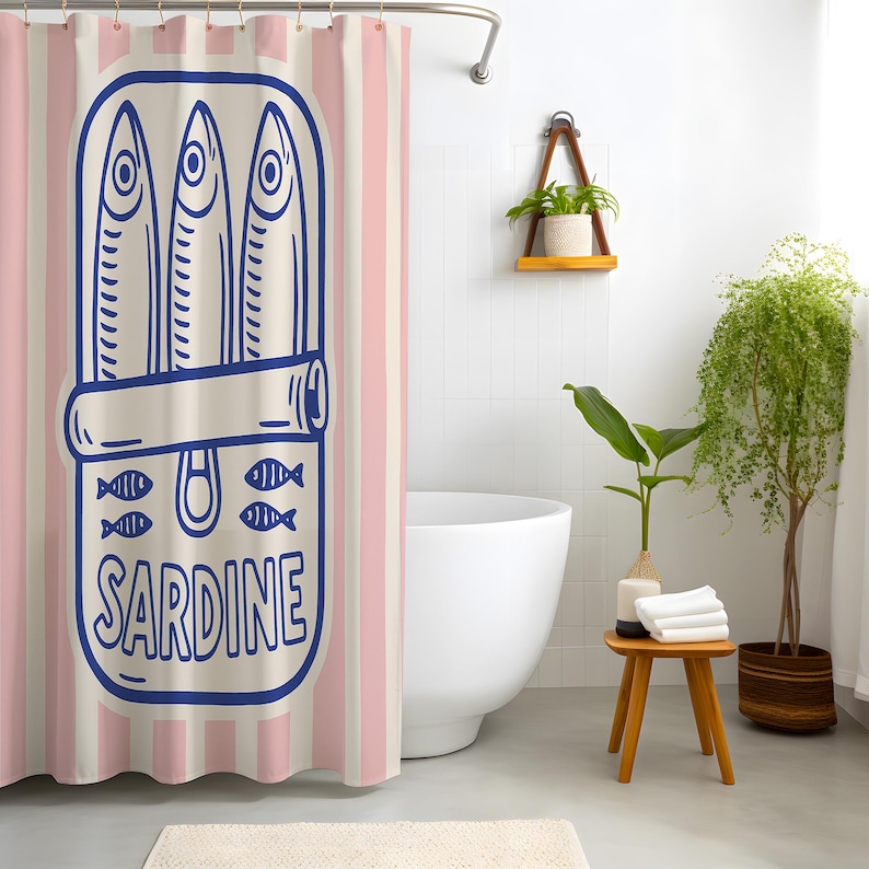 Sardin duschdraperi – Retro rosa ränder och marinblå popkonstdesign, vattentätt polyestertyg, rolig badrumsdekor, flera storlekar bild 5