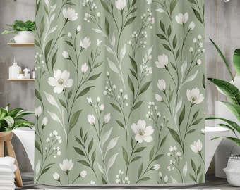 Sage Green Floral Shower Curtain, White Wildflower Botanical Decor, Cottagecore Bathroom, Minimalist Nature Bath Curtain
