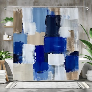 Abstract blauw beige douchegordijn, modern geometrisch badkamerdecor, groot waterdichte stoffen douchegordijn, artistiek interieur