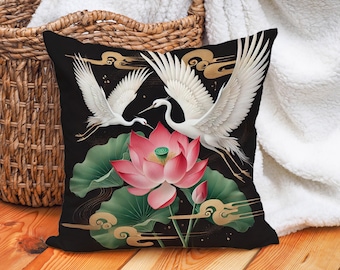 Japanischer Kranich Kissenbezug - Pink Lotus Flower Art Kissen - Schwarzer Baumwoll-Leinen Deko-Kissenbezug für Zen-Dekor