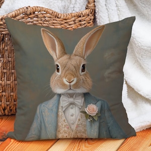 Dapper Rabbit Throw Pillow Cover, Cotton Linen Pillowcase, Vintage Animal Cushion, Whimsical Bunny Decor, Elegant Sofa Pillow, Cute Rabbit