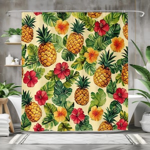 Tropical Pineapple Bath Curtain - Hawaiian Bathroom Decor - Waterproof Fabric Shower Curtain - Vibrant Hibiscus and Leaves Design