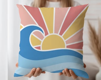 Retro Sonnenaufgang Dekokissen, Küstendekor, Mid Century Modern Kissenbezug, Strandhaus Akzent, abstraktes Ozeankunstkissen