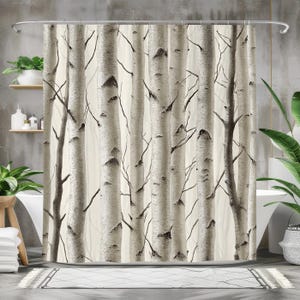 Birch Tree Forest Shower Curtain, Waterproof Fabric Bath Curtain, Nature-Inspired Bathroom Decor, Black and White Tree Design, Rustic Decor