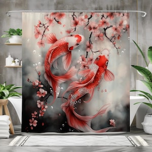 Red Koi Fish and Cherry Blossoms Waterproof Fabric Shower Curtain, Asian-Inspired Bath Curtain for Bathroom Decor Zen Garden Bathroom Accent