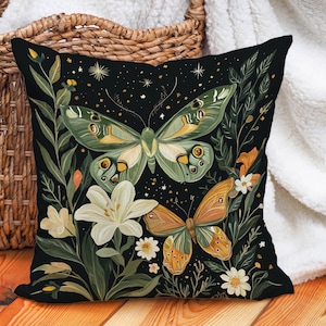Butterfly and Floral Throw Pillow Cover, Cotton Linen Decorative Pillowcase, Nature-Inspired Cushion Cover, Boho Home Decor Botanical Design