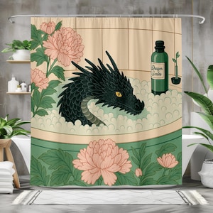 Dragon Bath Shower Curtain, Whimsical Fantasy Bathroom Decor, Waterproof Quick Dry Fabric image 1