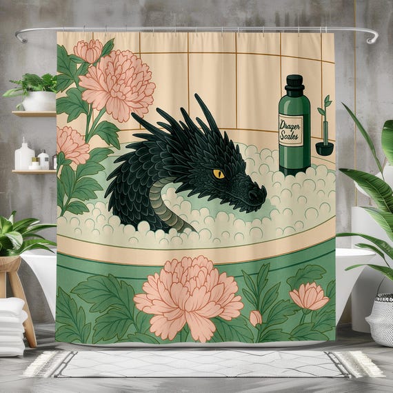 Dragon Bath Shower Curtain, Whimsical Fantasy Bathroom Decor, Waterproof Quick Dry Fabric