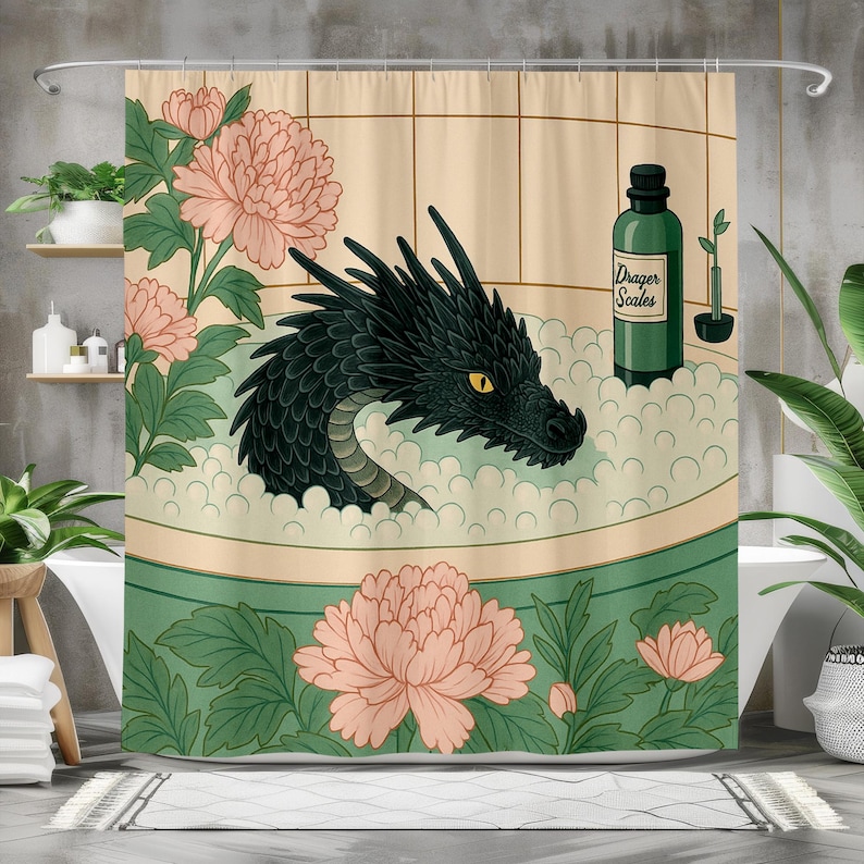 Dragon Bath Shower Curtain, Whimsical Fantasy Bathroom Decor, Waterproof Quick Dry Fabric image 1