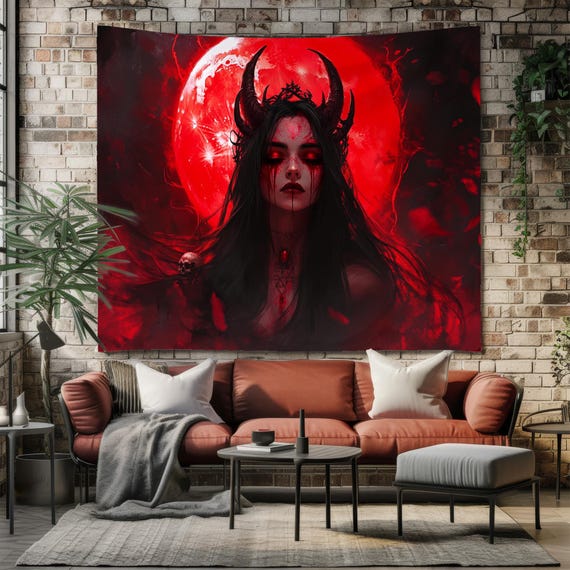 Gothic Blood Goddess Wall Tapestry, Dark Fantasy Art Tapestry, Witchy Wall Decor, Celestial Mystic Home Decor, Occult Aesthetic