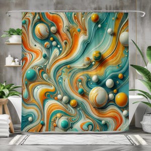 Peut inclure: Un rideau de douche vibrant avec un motif abstrait tourbillonnant dans des tons d'orange, de sarcelle, de jaune et de blanc. Le motif comprend des sphères de différentes tailles, créant un effet 3D. Le rideau est dans une salle de bain.
