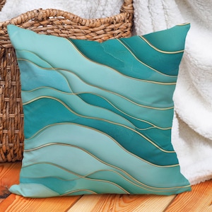 Teal Wave Cotton Linen Throw Pillow Cover, Modern Artistic Pillowcase, Decorative Cushion Cover for Sofa, Bed – Teal, Aqua, Gold, Light Blue