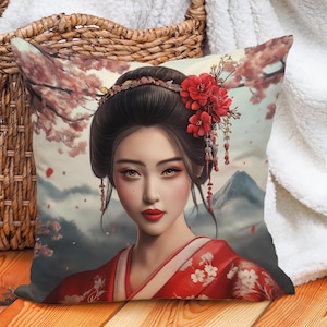 Geisha Cushion Cover Cotton Linen Pillowcase Japanese Decor Throw Pillow Cover Decorative Cushion for Living Room or Bedroom