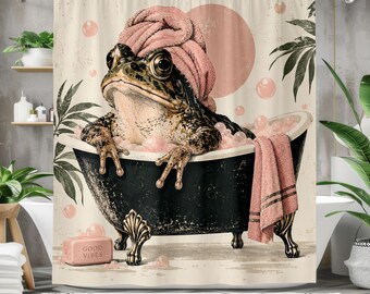 Funny Frog Shower Curtain, Toad in Bathtub Bathroom Decor, Whimsical Vintage Frog Art, Pink Retro Bath Curtain, Cottagecore Decor