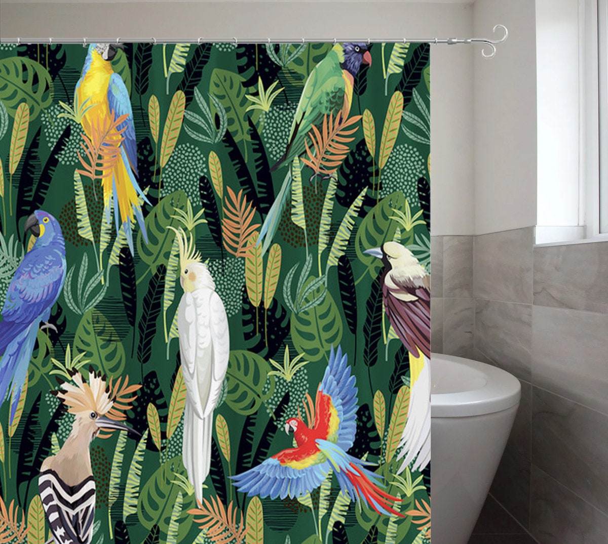 Parrot Shower Curtain Tropical Plants Green Leaves and Birds Bath Decor