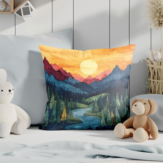 Mountain Forest Sunset Pillow Cover Vivid Landscape Art Double