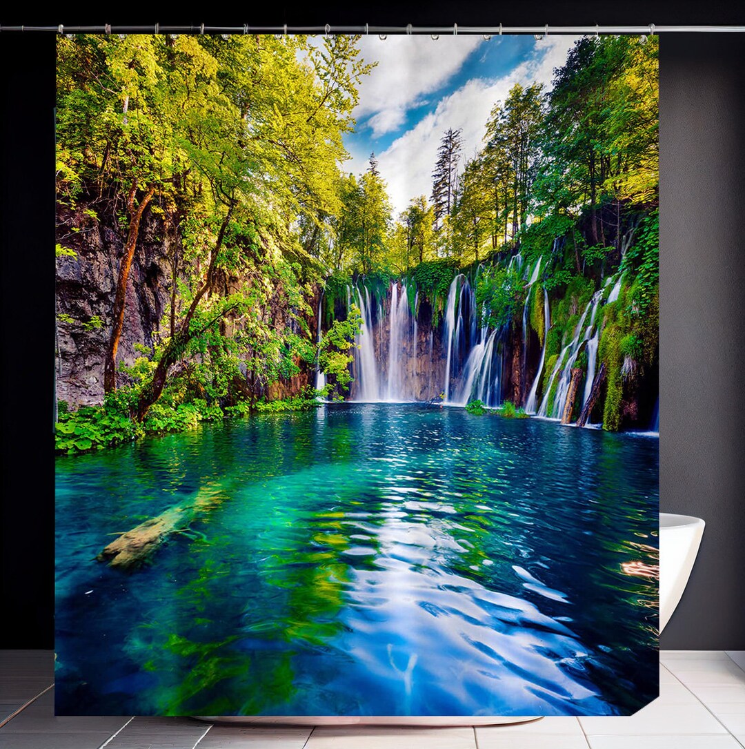Waterfall Shower Curtain Nature Landscape Scenery Print Bath Decor