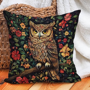 Owl Throw Pillow Cover with Floral Forest Pattern, Boho Woodland Cushion for Nature Decor, Gift for Bird Lovers, Rustic Animal Home Accent