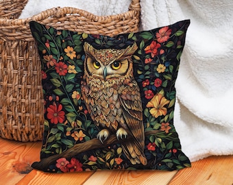 Owl Throw Pillow Cover with Floral Forest Pattern, Boho Woodland Cushion for Nature Decor, Gift for Bird Lovers, Rustic Animal Home Accent