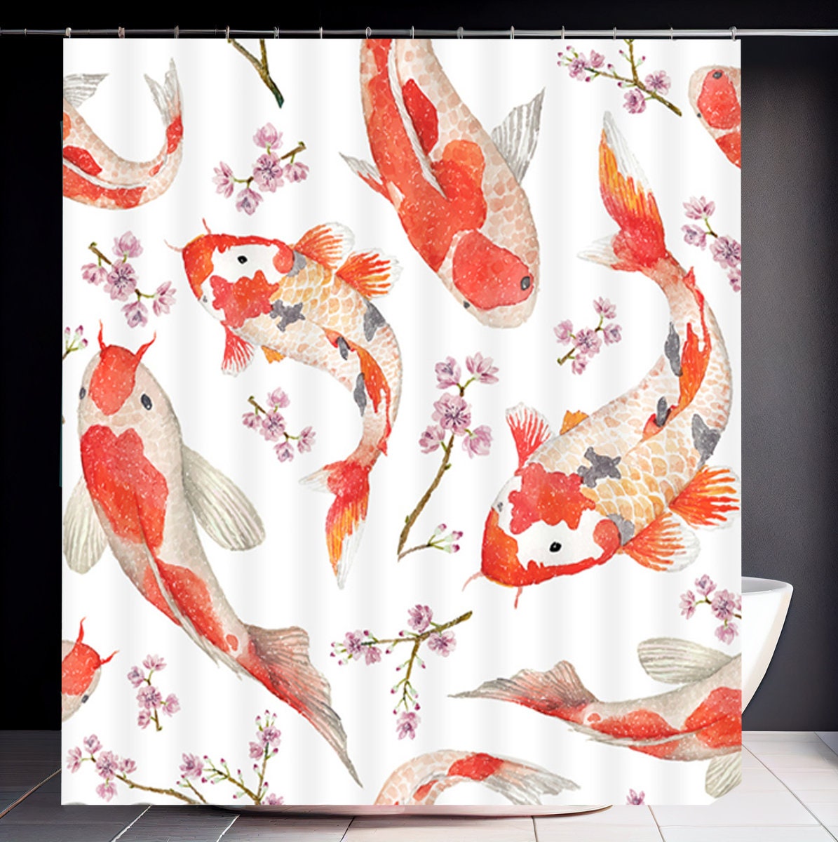 Koi Fish Shower Curtain Japanese Floral Cherry Blossom Bathroom Curtains  Watercolor Style Waterproof Washable Polyester Fabric Bath Decor 