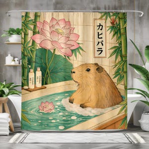 Kapybara japansk duschdraperi, Ukiyo-e djur badrumsdekor, Zen spa baddraperi, söt kapybara badrumskonst