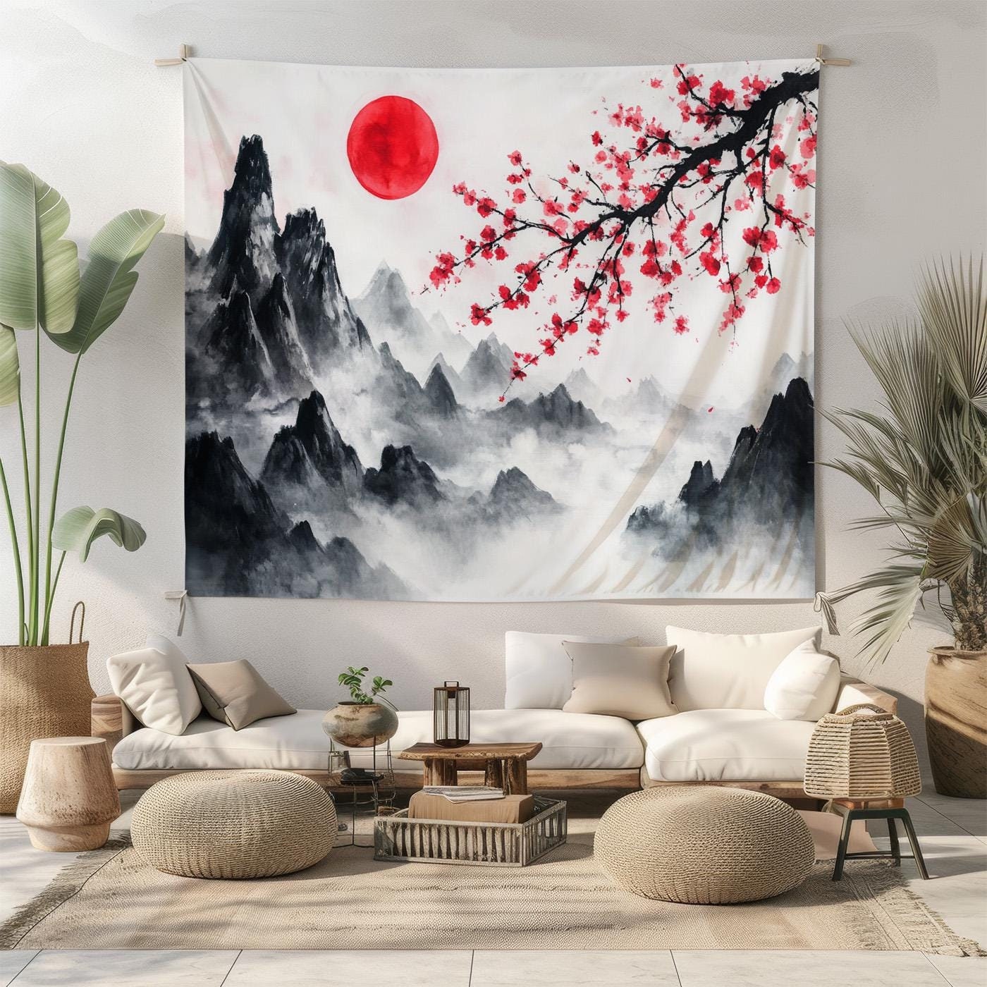 Japanese Red Sun and Cherry Blossom Wall Hanging Tapestry - Misty