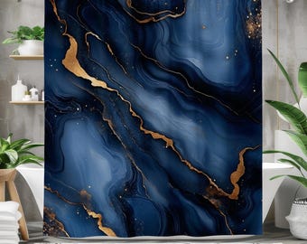 Navy Blue Gold Marble Shower Curtain, Waterproof Fabric Bath Curtain, Elegant Modern Bathroom Decor, Abstract Marble Design, Luxury