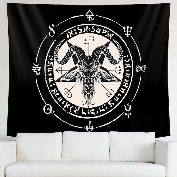 Satanic Tapestry Occult Goat Head Gothic Devil Baphomet Emvency