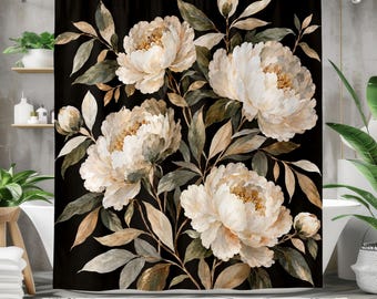 Black Floral Shower Curtain, Ivory White Peony Flowers, Moody Botanical Bathroom Decor, Vintage Dark Floral Art, Neutral Farmhouse
