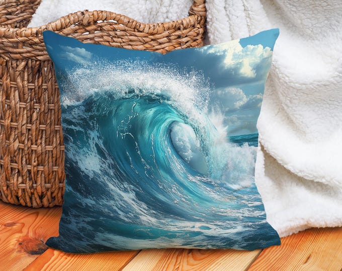 Ocean Wave Throw Pillow Cover, Cotton Linen Pillowcase, Coastal Cushion Cover, Sea Waves Decor, Beach House, Blue Sofa