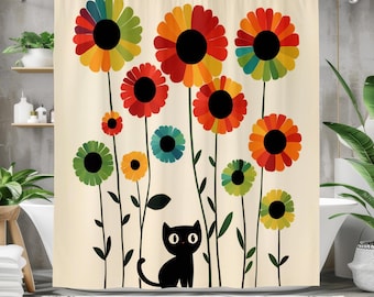 Colorful Floral Shower Curtain with Cute Black Cat, Whimsical Flower Bathroom Decor, Fun and Playful Cat Shower Curtain for Animal Lovers