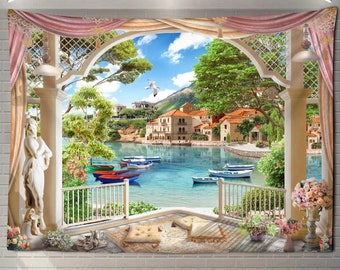 Coastal Tapestry Mediterranean Village Seascape Scenery View from the Balcony Wall Hanging Wall Decor Aesthetic Tapestries for Home Decor